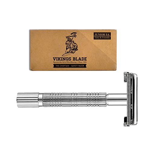 Double Edge Safety Razor for Beginners, The Chieftain JR by VIKINGS BLADE, Butterfly Twist-To-Open Head, Eco Friendly, Smooth, Close, Clean Shaving Razor, Suitable for All Genders (Silver Chromium)