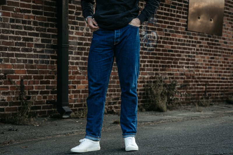 Buck Mason jeans fit demonstration front