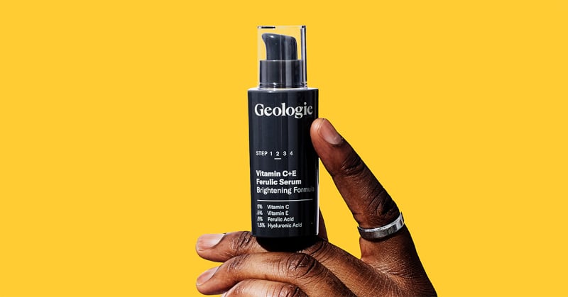 Geologie Vitamin CE Ferulic Serum Product Shot with Black Mans Hand