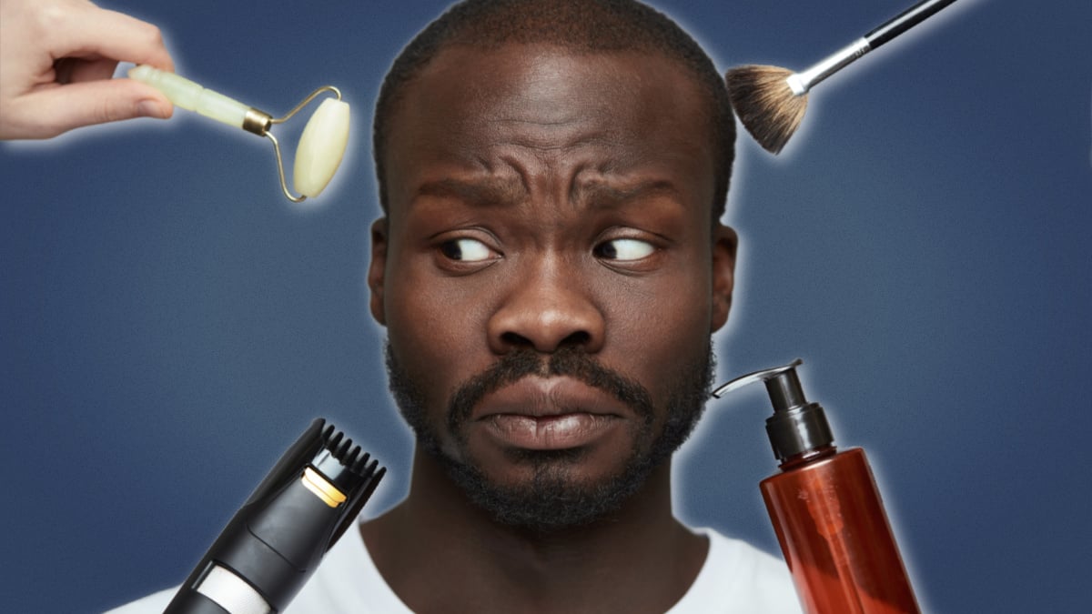 How to exfoliate as a man Black man with Multiple Beauty Objects near his face with look of concern