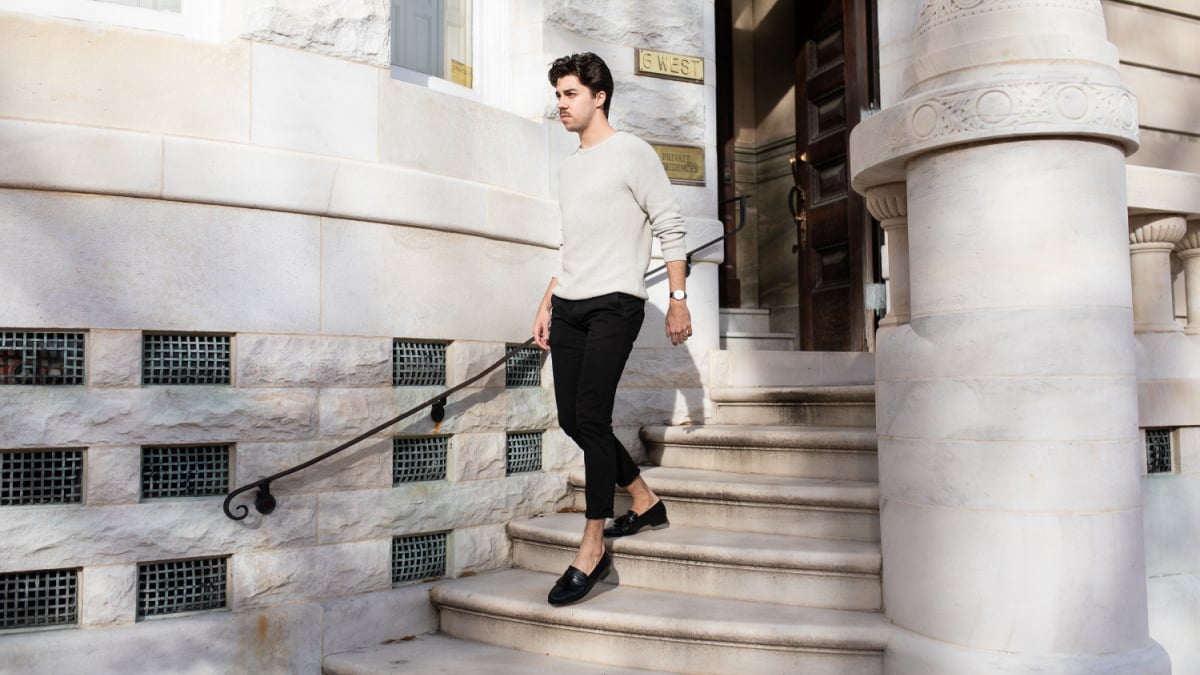 Johnston and Murphy Shoes Review Model Walking Down Stairs With Breland Kiltie Tassel Loafer