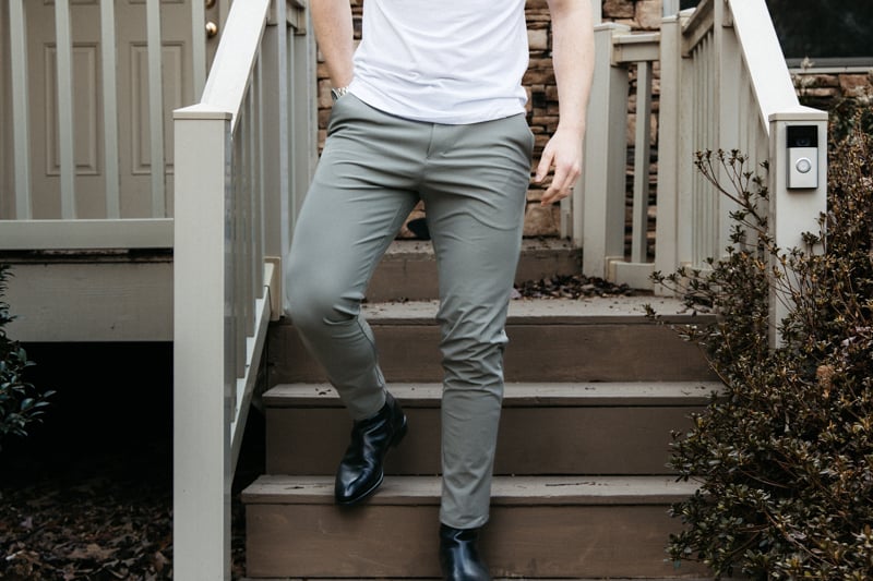 Lululemon commission pant on model walking down stairs