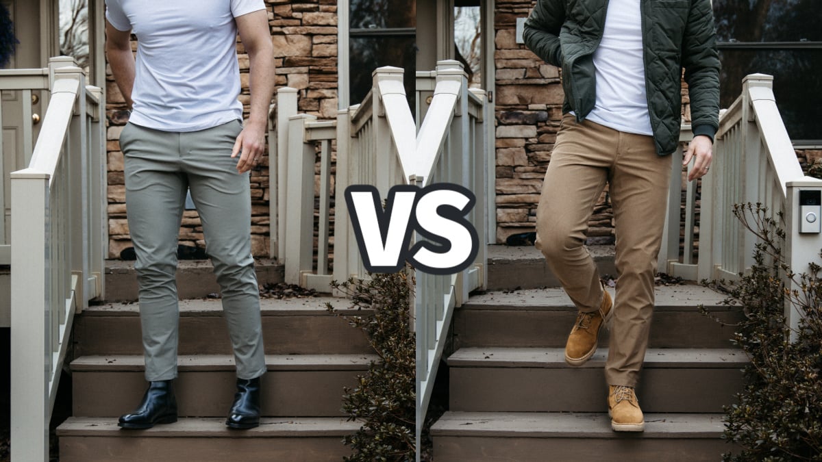 Lululemon Commission Pant vs ABC Pant Model Wearing Both walking down stairs