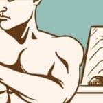 Manscaping - Cartoon of Muscular Man Shaving His Underarm Shirtless with a Mirror and Other Grooming Products In The Background