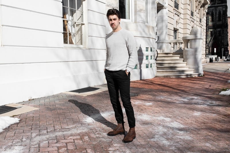 Taft Dragon 3.0 black chinos with neutral sweater